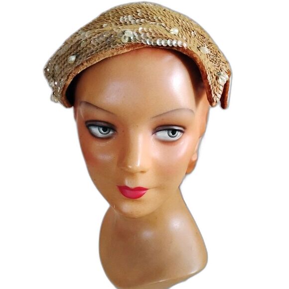 Vintage 1950s Champagne Sequin Cocktail Hat with Pearl Dangles - Picture 2 of 6